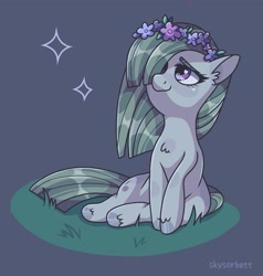 Size: 1949x2048 | Tagged: safe, artist:skysorbett, derpibooru import, marble pie, earth pony, pony, female, floral head wreath, flower, headband, mare, sitting, solo