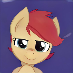 Size: 1024x1024 | Tagged: safe, artist:thisponydoesnotexist, derpibooru import, oc, earth pony, pony, female, mare, neural network, plotting, plotting your demise, red mane, scheming, solo, up to no good