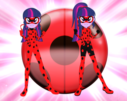 Size: 1884x1500 | Tagged: safe, artist:machakar52, derpibooru import, sci-twi, twilight sparkle, equestria girls, bodysuit, clothes, cosplay, costume, crossover, duality, hairstyle, looking at you, marinette dupain-cheng, mask, miraculous ladybug, pigtails, ponytail