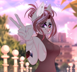 Size: 2070x1944 | Tagged: safe, artist:elektra-gertly, derpibooru import, oc, anthro, bracelet, breasts, clothes, dress, hair bun, jewelry, nail polish, peace sign, ring, sideboob, solo