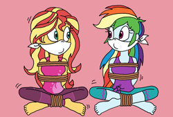 Size: 1890x1276 | Tagged: safe, artist:bugssonicx, derpibooru import, rainbow dash, sunset shimmer, equestria girls, barefoot, bondage, bound and gagged, bound together, cloth gag, feet, gag, otn gag, over the nose gag, rope, tied up, yoga, yoga pose