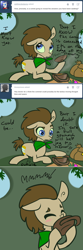Size: 650x1954 | Tagged: safe, artist:toadstool-prancer, derpibooru import, doctor whooves, oc, oc:tantamount, earth pony, pony, disguise, disguised changeling, food, solo, tantamount time turner