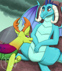 Size: 1900x2200 | Tagged: safe, artist:azurllinate, derpibooru import, dragon lord ember, princess ember, thorax, changedling, changeling, dragon, blushing, cloud, cloudy, couple, embrax, eyelashes, female, hand on belly, horn, interspecies, larger female, looking at each other, male, mountain, older, older ember, open mouth, orange eyes, purple eyes, raised hoof, raised leg, royalty, shipping, sitting, size difference, smiling, smiling at each other, spread legs, spreading, straight