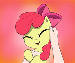Size: 1122x953 | Tagged: safe, artist:doublewbrothers, derpibooru import, edit, apple bloom, earth pony, pony, adorabloom, cropped, cute, eyes closed, female, filly, hand, holding a pony, offscreen character, open mouth, open smile, petting, pov, smiling, solo
