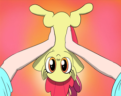 Size: 1122x890 | Tagged: safe, artist:doublewbrothers, derpibooru import, edit, apple bloom, earth pony, pony, adorabloom, cropped, cute, female, filly, hand, holding a pony, looking at you, offscreen character, pov, smiling, smiling at you, solo, upside down