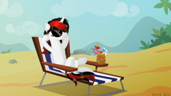 Size: 4000x2250 | Tagged: safe, artist:angel_animotr, derpibooru import, oc, oc only, oc:blackjack, pony, unicorn, fallout equestria, fallout equestria: project horizons, beach, beach chair, commission, cute, female, hooves behind head, horn, mare, relaxing, solo, sunbathing, sunglasses, unicorn oc, ych result