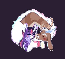 Size: 2605x2376 | Tagged: safe, alternate version, artist:orphicswan, derpibooru import, discord, twilight sparkle, deer, deer pony, original species, antlers, discolight, female, happy, high res, horn, kiss on the cheek, kissing, long mane, male, shipping, straight, swirls, white hair