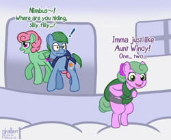 Size: 1000x816 | Tagged: safe, artist:phallen1, derpibooru import, oc, oc only, oc:nimbus (phallen1), oc:software patch, oc:windcatcher, atg 2021, cloud house, exclamation point, female, filly, impending disaster, newbie artist training grounds, parachute