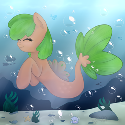 Size: 2000x2000 | Tagged: safe, artist:sadonax, derpibooru import, oc, oc only, fish, pegasus, pony, seapony (g4), bubble, crepuscular rays, dorsal fin, eyes closed, fish tail, flowing tail, green mane, redraw, rock, seaponified, seashell, seaweed, smiling, solo, species swap, starfish, sunlight, swimming, tail, underwater, water