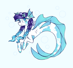 Size: 1800x1700 | Tagged: safe, artist:magicstar919, derpibooru import, oc, oc only, hybrid, merpony, seapony (g4), blue background, blue eyes, blue mane, braid, bubble, dorsal fin, female, fins, flower, flower in hair, ocean, signature, simple background, smiling, solo, tail, underwater, water