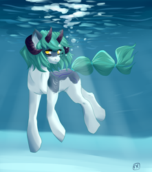 Size: 2300x2607 | Tagged: safe, artist:sheriwii, derpibooru import, oc, oc only, pony, bubble, crepuscular rays, digital art, eyelashes, flowing tail, golden eyes, green eyes, green mane, horns, looking at you, ocean, signature, solo, sunlight, swimming, underwater, water