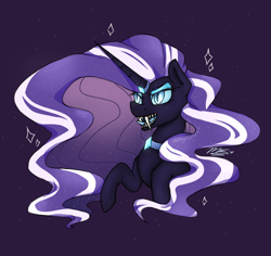 Size: 1800x1700 | Tagged: safe, artist:magicstar919, derpibooru import, nightmare rarity, pony, unicorn, blue eyes, bust, colored pupils, crown, ethereal mane, evil grin, eyelashes, fangs, female, flowing mane, glow, grin, horn, jewelry, long horn, necklace, open mouth, purple background, purple mane, regalia, signature, simple background, smiling, solo, starry mane, tetth, tongue, tongue out