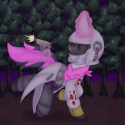 Size: 1280x1280 | Tagged: safe, artist:froyo15sugarblast, derpibooru import, oc, oc:shining silverdiamond, pony, unicorn, bandana, blood, forest, gun, handgun, helmet, looking back, magic, magic aura, male, night, pistol, running, solo, speedpaint available, stallion, tree, weapon