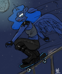 Size: 2036x2432 | Tagged: safe, artist:fetishsketches, derpibooru import, princess luna, alicorn, anthro, plantigrade anthro, alternative cutie mark placement, boots, clothes, doodle, fingerless gloves, gloves, high heel boots, night, shoes, shoulder cutie mark, skating, solo, tongue, tongue out