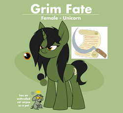 Size: 2047x1873 | Tagged: safe, artist:moonatik, derpibooru import, oc, oc only, oc:grim fate, pony, rat, unicorn, cutie mark, female, horn, mare, reference sheet, simple background, solo, text, transparent background, unicorn oc, vulgar description