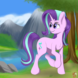 Size: 1280x1280 | Tagged: safe, artist:joaothejohn, derpibooru import, starlight glimmer, unicorn, looking back, mountain, solo, tree, water