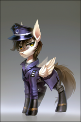 Size: 2957x4425 | Tagged: safe, artist:ramiras, derpibooru import, oc, oc:light dimmer, bat pony, hybrid, pegasus, pony, equestria at war mod, armor, armored pony, bat pony oc, boots, boots on hooves, clothes, coat, daybat, ear fluff, ears, epaulettes, fangs, golden eyes, gradient background, hat, looking at you, lunar empire, male, military, military hat, military pony, military uniform, officer, peaked cap, pegasus wings, shoes, solo, thestral, trenchcoat, uniform, uniform hat, wings