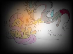 Size: 1040x769 | Tagged: safe, artist:gafelpoez, derpibooru import, discord, fluttershy, pony, candle, dark, duo, floating, scared, shivering, traditional art