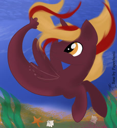 Size: 1280x1398 | Tagged: safe, artist:mezairplush, derpibooru import, oc, oc only, alicorn, pony, seapony (g4), base used, crepuscular rays, fin wings, fish tail, flowing mane, flowing tail, horn, looking up, male, ocean, orange eyes, seaponified, seashell, seaweed, signature, smiling, solo, species swap, stallion, starfish, swimming, tail, underwater, water, wings