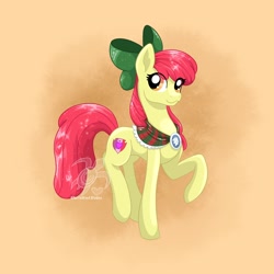 Size: 2048x2048 | Tagged: safe, artist:turtletroutstudios, derpibooru import, apple bloom, earth pony, pony, bow, eye clipping through hair, female, hair bow, high res, looking at you, mare, older, older apple bloom, raised hoof, raised leg, shawl, smiling, smiling at you, solo