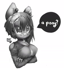 Size: 2788x3087 | Tagged: safe, artist:awr-hey, derpibooru import, oc, oc only, anthro, earth pony, bust, clothes, crossed arms, earth pony oc, female, grayscale, monochrome, simple background, smiling, solo, talking, white background