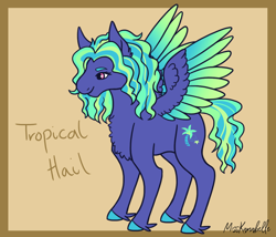Size: 1750x1500 | Tagged: safe, artist:misskanabelle, derpibooru import, oc, oc only, oc:tropical hail, pegasus, pony, abstract background, female, mare, offspring, parent:sky stinger, parent:vapor trail, parents:vaporsky, pegasus oc, signature, solo, two toned wings, wings