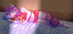 Size: 2000x932 | Tagged: safe, alternate version, artist:dinoalpaka, derpibooru import, apple bloom, scootaloo, sweetie belle, anthro, earth pony, pegasus, pony, unguligrade anthro, unicorn, bed, belly button, clothes, commission, doll, female, lying down, mare, midriff, older, older sweetie belle, on bed, on side, shirt, shorts, smiling, solo, tanktop, toy
