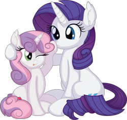 Size: 7335x6950 | Tagged: safe, artist:cyanlightning, derpibooru import, rarity, sweetie belle, pony, unicorn, .svg available, absurd resolution, boop, cute, duo, duo female, female, filly, mare, one eye closed, siblings, simple background, sisters, sitting, transparent background, vector, wink