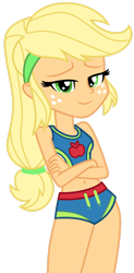Size: 1024x2086 | Tagged: safe, artist:emeraldblast63, derpibooru import, applejack, human, equestria girls, belly button, clothes, crossed arms, female, hatless, looking at you, missing accessory, redesign, simple background, sleeveless, solo, swimsuit, transparent background, vector