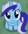 Size: 1046x1260 | Tagged: safe, minuette, pony, unicorn, blue coat, female, frown, horn, looking at you, looking up, mare, mare stare, sitting, solo, two toned mane