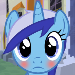 Size: 274x276 | Tagged: safe, minuette, pony, unicorn, blue coat, blushing, female, frown, horn, looking at you, mare, mare stare, solo, two toned mane