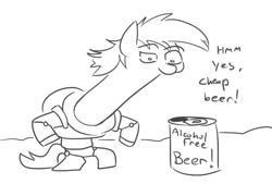 Size: 637x430 | Tagged: safe, artist:jargon scott, oc, oc only, earth pony, pony, art pack:marenheit 451 afterparty stream, alcohol free beer, bipedal, can, dialogue