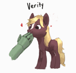 Size: 723x694 | Tagged: safe, artist:rhorse, edit, editor:hotkinkajou, oc, oc:anon, verity, human, pony, art pack:marenheit 451 post-pack, animated, disembodied hand, gif, hand, heart, snoot rubbing