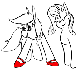 Size: 589x536 | Tagged: safe, artist:dinexistente, rarity, verity, earth pony, pony, unicorn, art pack:marenheit 451 charity stream, coat markings, female, filly, hoof shoes, horn, mare, open mouth, sketch, smiling, star (coat marking)