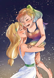 Size: 500x711 | Tagged: artist needed, source needed, safe, derpibooru import, applejack, rainbow dash, human, appledash, bare shoulders, female, humanized, lesbian, shipping, sleeveless