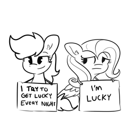 Size: 3000x3000 | Tagged: safe, artist:tjpones, derpibooru import, fluttershy, rainbow dash, pegasus, pony, black and white, duo, female, frown, grayscale, implied flutterdash, implied lesbian, implied shipping, mare, monochrome, sign, simple background, sitting, smiling, smirk, white background