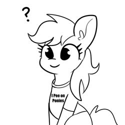 Size: 3000x3000 | Tagged: safe, artist:tjpones, derpibooru import, rainbow dash, pegasus, pony, black and white, clothes, female, grayscale, implied urine, mare, monochrome, question mark, shirt, simple background, sitting, t-shirt, white background, wingless