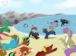 Size: 2732x2048 | Tagged: safe, artist:sursiq, derpibooru import, oc, oc only, oc:alexandria, oc:alpine, oc:carbon, oc:fiseti, oc:naomi, oc:nebula mist, oc:nova star, oc:ptero, oc:sagebrush, oc:shadow storm, oc:terra rein, oc:velvet vision, bat pony, changeling, earth pony, pegasus, pony, unicorn, bat pony oc, beach, changeling oc, closed mouth, cute, cutie mark, earth pony oc, eyes closed, eyes open, female, flying, horn, lying down, male, ocean, on back, open mouth, pegasus oc, playing, rock, sand, sandcastle, scenery, sitting, sunny, talking, tongue, tongue out, towel, umbrella, unicorn oc, watermark