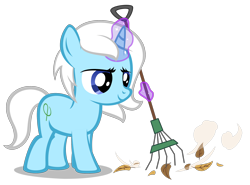 Size: 2620x1940 | Tagged: safe, artist:strategypony, derpibooru import, oc, oc:eula phi, pony, unicorn, female, filly, horn, leaves, magic, rake, simple background, sweeping, telekinesis, transparent background, unicorn oc