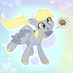 Size: 1800x1800 | Tagged: safe, artist:twistygrins, derpibooru import, derpy hooves, pegasus, pony, colored hooves, cute, derpabetes, female, heart, mare, muffin, open mouth, pictogram, solo, speech bubble, that pony sure does love muffins, two toned wings, wings