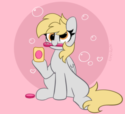 Size: 4568x4170 | Tagged: safe, artist:kittyrosie, derpibooru import, derpy hooves, pegasus, pony, absurd resolution, blushing, bubble, cute, derpabetes, female, mare, mouth hold, pink background, simple background, sitting, smiling, solo