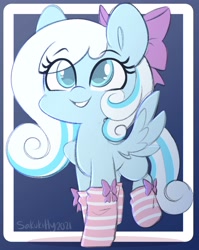 Size: 2392x3000 | Tagged: safe, artist:sakukitty, derpibooru import, oc, oc only, oc:snowdrop, pegasus, pony, bow, clothes, eye clipping through hair, eyebrows, eyebrows visible through hair, female, filly, grin, high res, pegasus oc, smiling, socks, solo