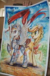 Size: 440x657 | Tagged: artist needed, safe, derpibooru import, oc, oc:poppy seed (mec), oc:thunder wing (mec), armor, flower, flower in hair, hussar, irl, jewelry, looking at each other, middle equestrian convention, necklace, not applejack, photo, poland, spread wings, traditional art, watercolor painting, wings