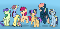 Size: 1250x606 | Tagged: safe, artist:marimey, derpibooru import, oc, oc only, oc:blue apple berry, oc:esmerald fire, oc:overjoyed, oc:rainbow blaze jr, oc:starry sky, oc:twify, dracony, hybrid, pony, taur, female, gradient background, interspecies offspring, male, mare, next generation, offspring, parent:applejack, parent:cheese sandwich, parent:dumbbell, parent:flash sentry, parent:fluttershy, parent:iron will, parent:pinkie pie, parent:rainbow dash, parent:rarity, parent:soarin', parent:spike, parent:twilight sparkle, parents:cheesepie, parents:dumbdash, parents:flashlight, parents:ironshy, parents:soarinjack, parents:sparity, stallion, straw in mouth, unshorn fetlocks