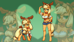 Size: 1920x1094 | Tagged: safe, artist:moonseeker, derpibooru import, applejack, anthro, earth pony, pony, unguligrade anthro, anthro ponidox, applejacked, applerack, belly button, big breasts, breasts, cleavage, clothes, denim skirt, flexing, hand on hip, hat, heart, muscles, self ponidox, skirt, top, zoom layer