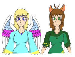 Size: 3053x2320 | Tagged: safe, artist:agdapl, derpibooru import, oc, oc only, human, bust, clothes, duo, female, humanized, jewelry, necklace, simple background, transparent background, winged humanization, wings