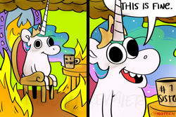 Size: 1024x683 | Tagged: safe, artist:midnightpremiere, derpibooru import, princess celestia, alicorn, pony, coffee mug, fire, meme, mug, ponified, ponified meme, solo, style emulation, this is fine, watermark