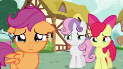 Size: 1280x720 | Tagged: safe, derpibooru import, screencap, apple bloom, scootaloo, sweetie belle, earth pony, pegasus, pony, unicorn, season 6, the fault in our cutie marks, apple bloom's bow, bow, crying, cute, cutie mark crusaders, ears, female, filly, floppy ears, hair bow, sad, sadorable, trio, trio female