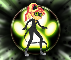 Size: 1884x1600 | Tagged: safe, artist:machakar52, derpibooru import, sunset shimmer, equestria girls, adrien agreste, animal costume, bell, bodysuit, cat bell, cat costume, cat ears, cat eyes, cat noir, cat tail, catsuit, chat noir, claw, claws, clothes, cosplay, costume, crossover, hairstyle, looking at you, mask, miraculous ladybug, paws, ponytail, slit eyes, smiling