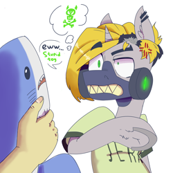 Size: 5000x5000 | Tagged: safe, artist:xasslash, derpibooru import, oc, oc:kaustic, human, pony, shark, unicorn, angry, clothes, ear piercing, gas mask, mask, piercing, plushie, sharp teeth, shirt, solo, teeth, text